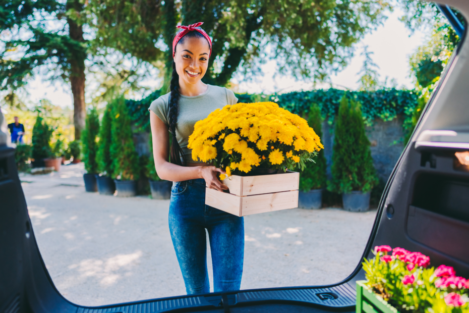 Florist putting box of mums into back of delivery van and smiling at camera